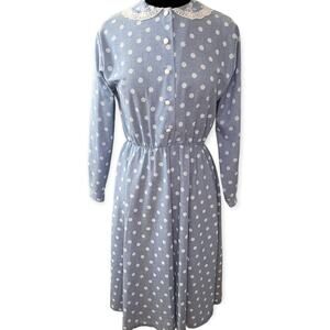 Vintage 60s Kevin Stuart Blue White Polka Dot Prairie Cottage Dress 8 Small/Med